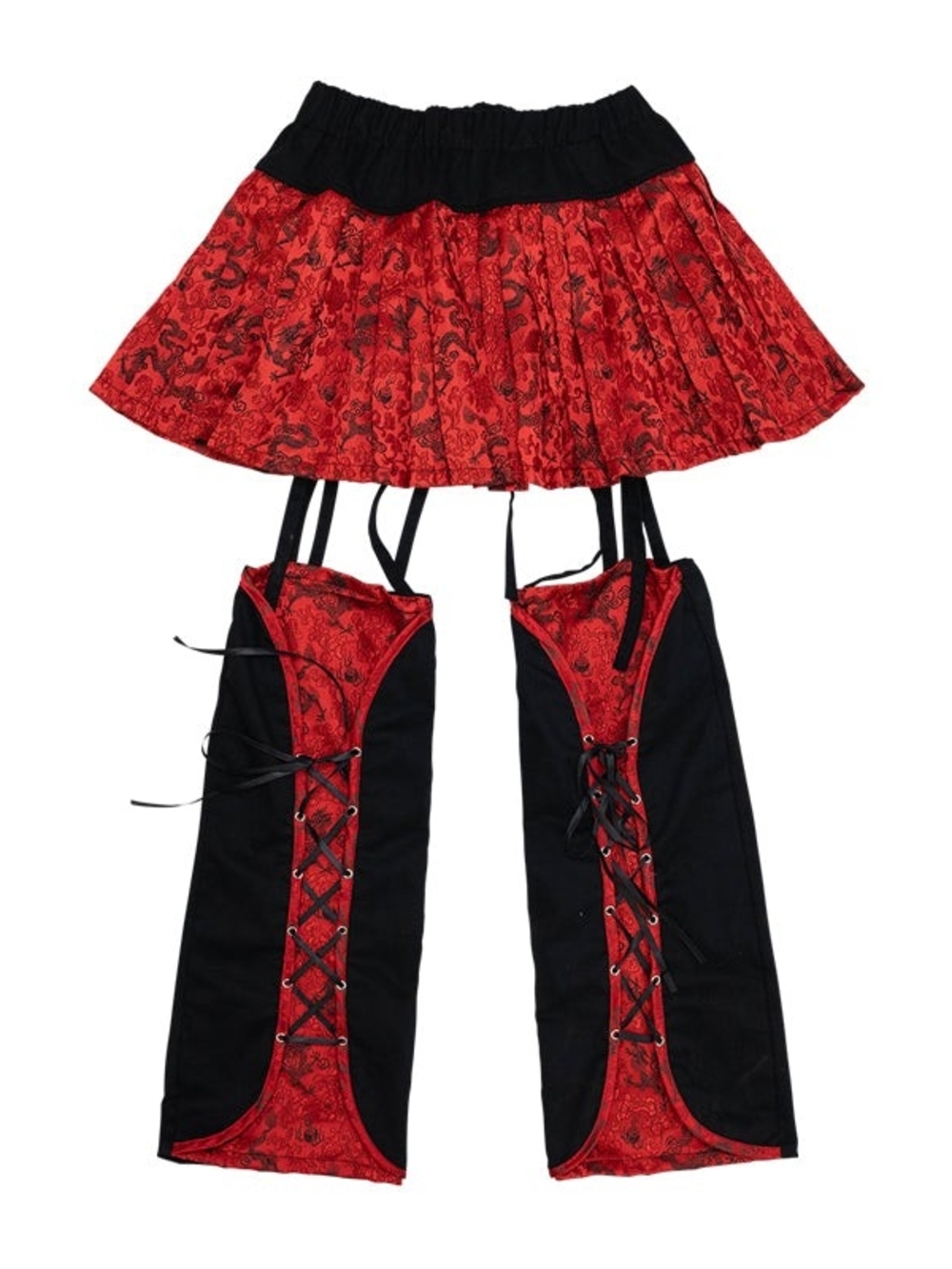 Punk Rave RARE Red and Black Dragon Brocade Skirt With Garter Leg Warmers - Picture 7 of 12